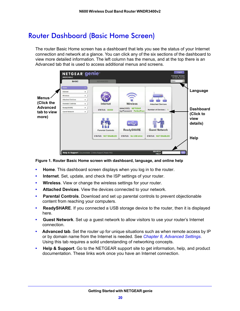 Router dashboard (basic home screen) | NETGEAR N600 Wireless Dual Band Router WNDR3400v2 User Manual | Page 20 / 120