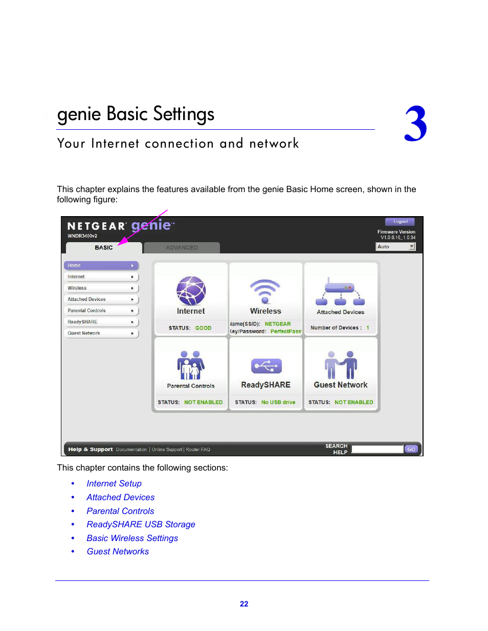 Genie basic settings, Chapter 3 genie basic settings, Chapter 3, genie basic settings | NETGEAR N600 Wireless Dual Band Router WNDR3400v2 User Manual | Page 22 / 120