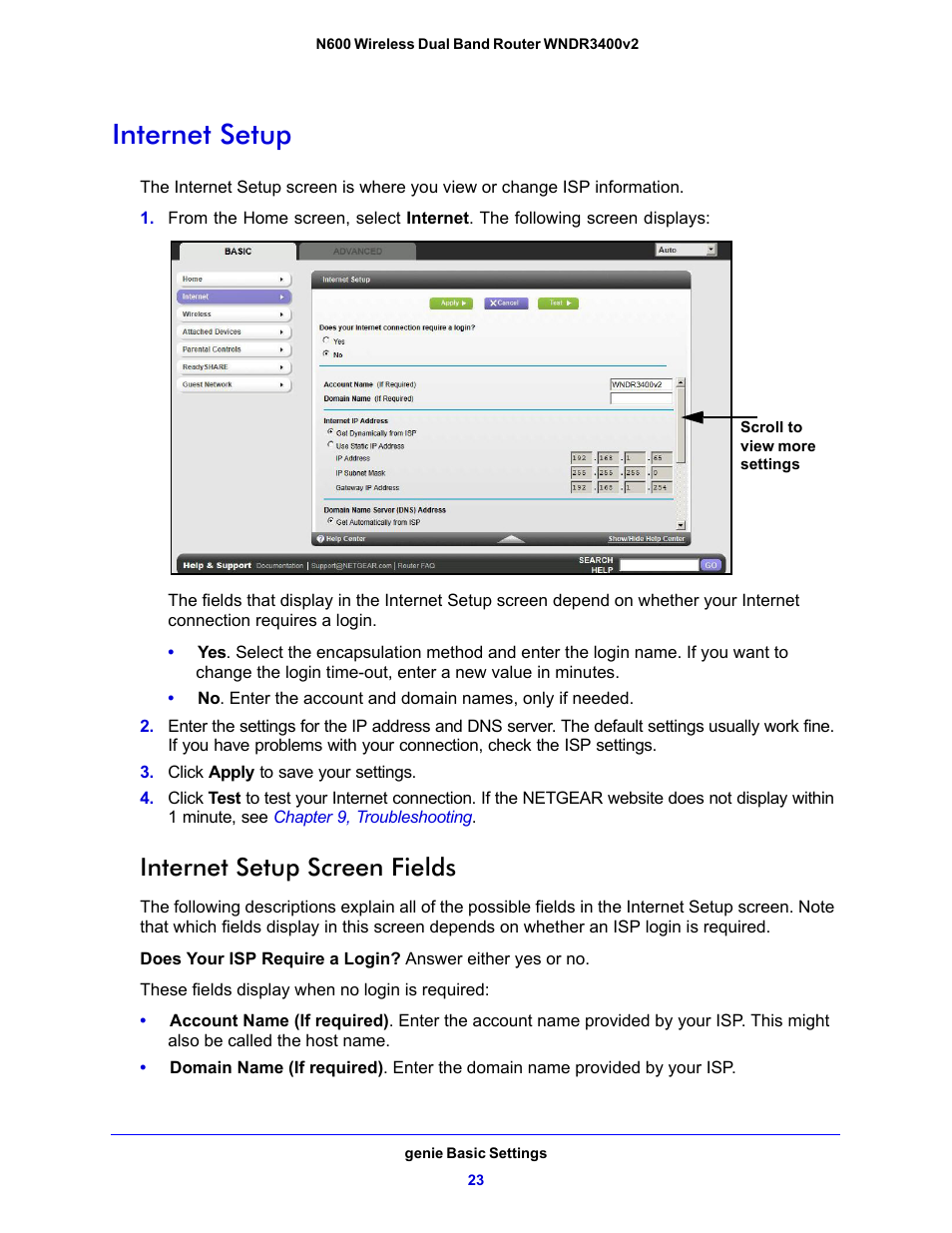 Internet setup screen fields, Internet setup | NETGEAR N600 Wireless Dual Band Router WNDR3400v2 User Manual | Page 23 / 120