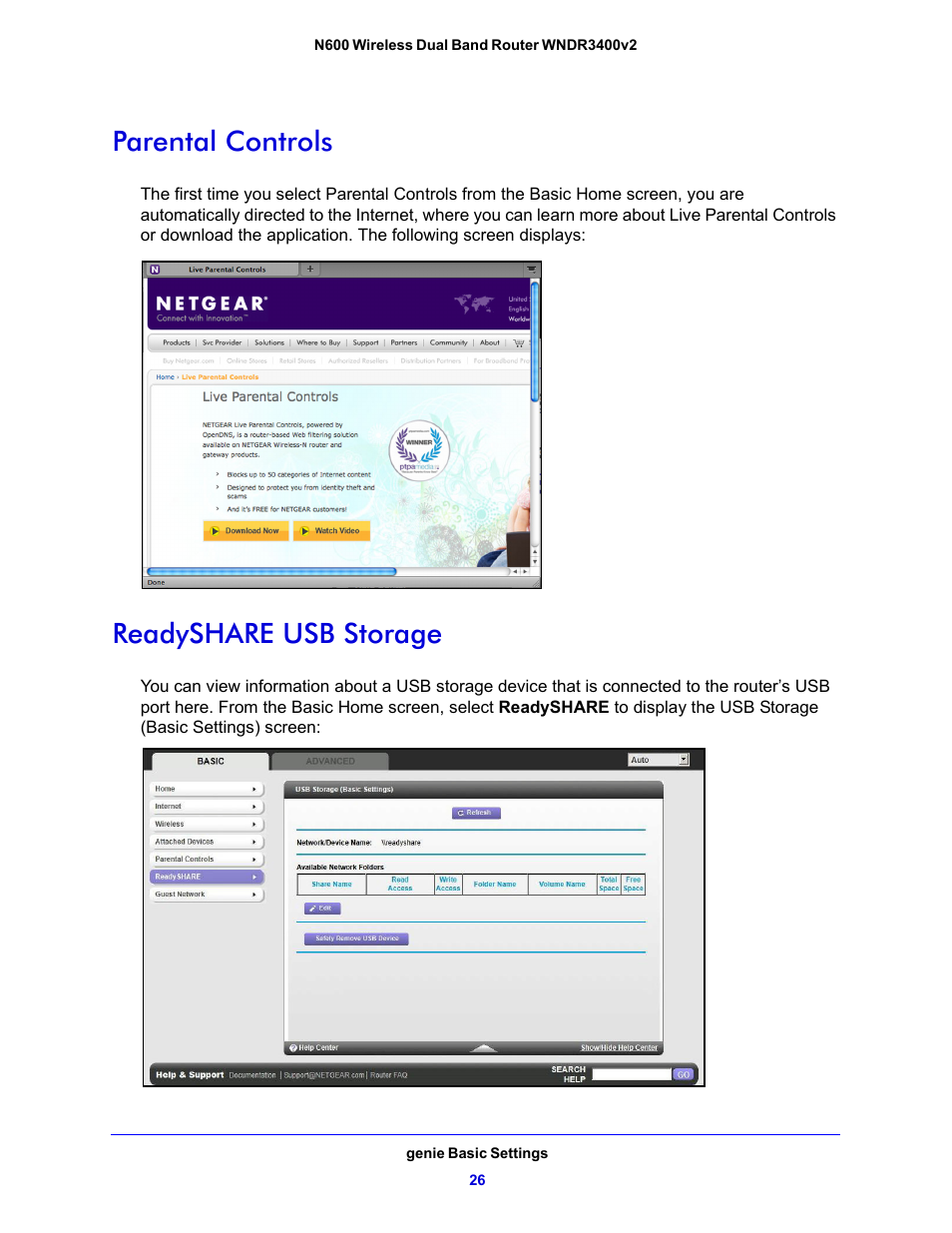 Parental controls, Readyshare usb storage, Parental controls readyshare usb storage | NETGEAR N600 Wireless Dual Band Router WNDR3400v2 User Manual | Page 26 / 120