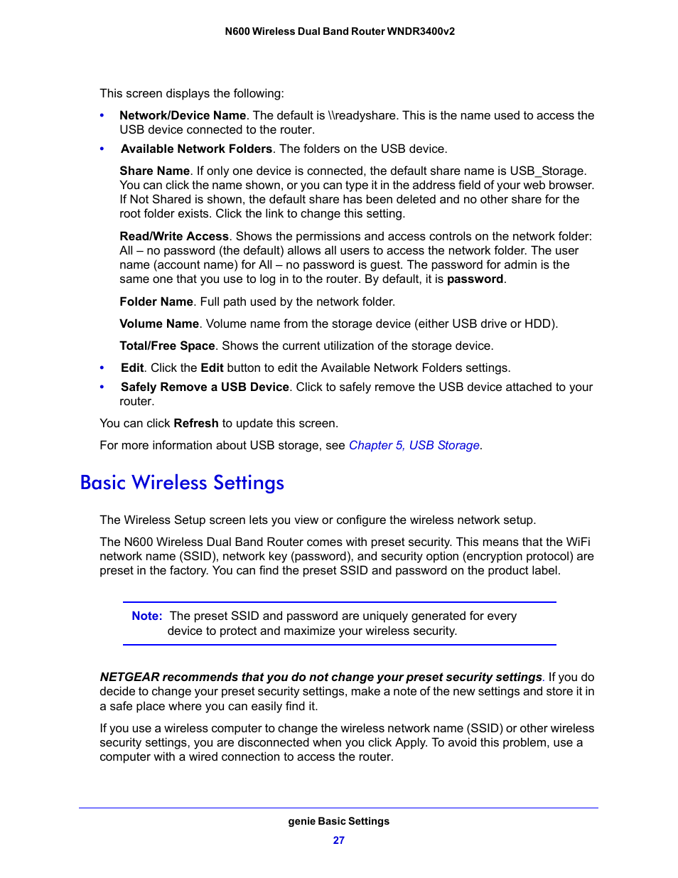 Basic wireless settings, Basic wireless, Settings | NETGEAR N600 Wireless Dual Band Router WNDR3400v2 User Manual | Page 27 / 120