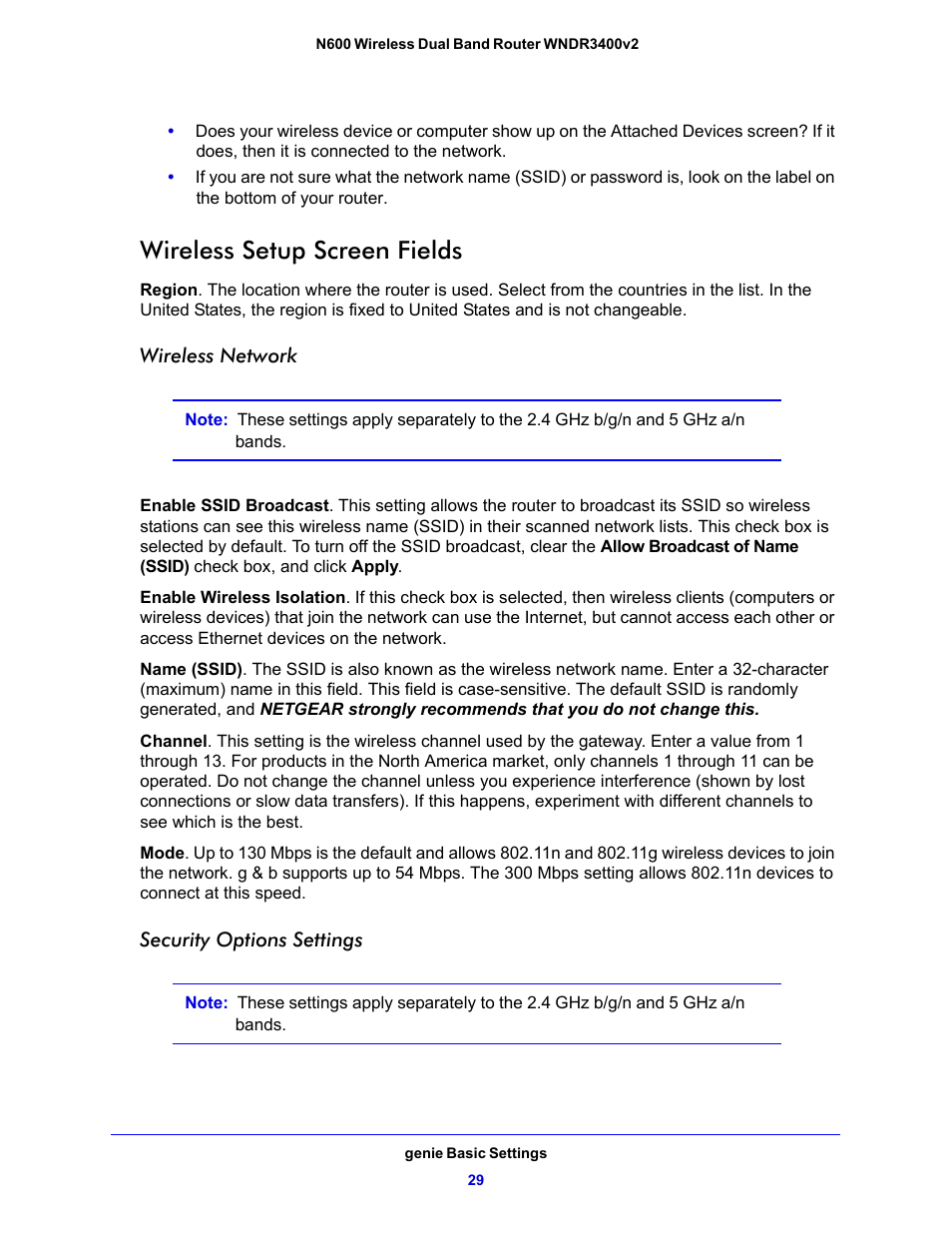 Wireless setup screen fields | NETGEAR N600 Wireless Dual Band Router WNDR3400v2 User Manual | Page 29 / 120