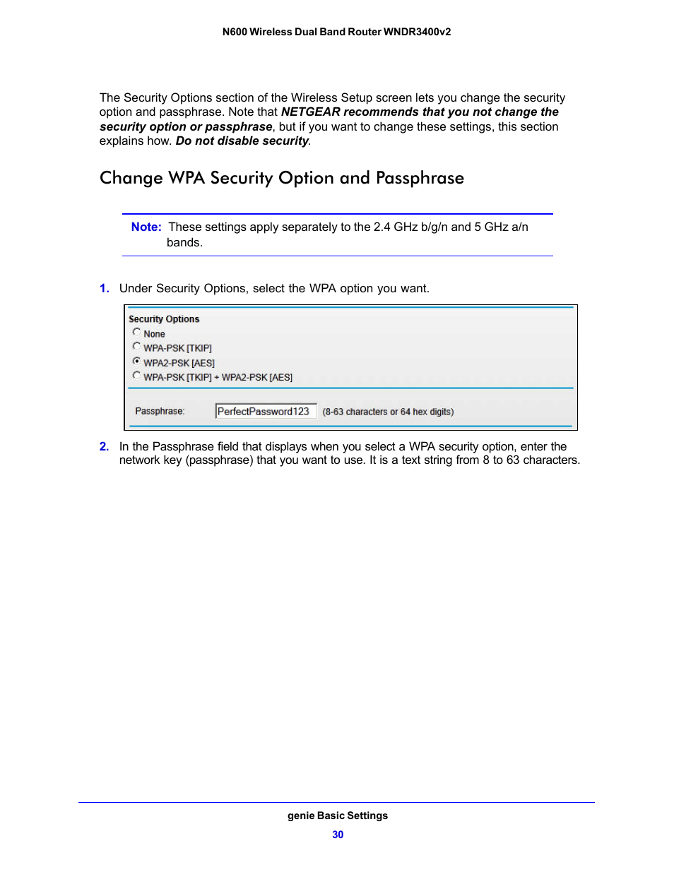 Change wpa security option and passphrase | NETGEAR N600 Wireless Dual Band Router WNDR3400v2 User Manual | Page 30 / 120