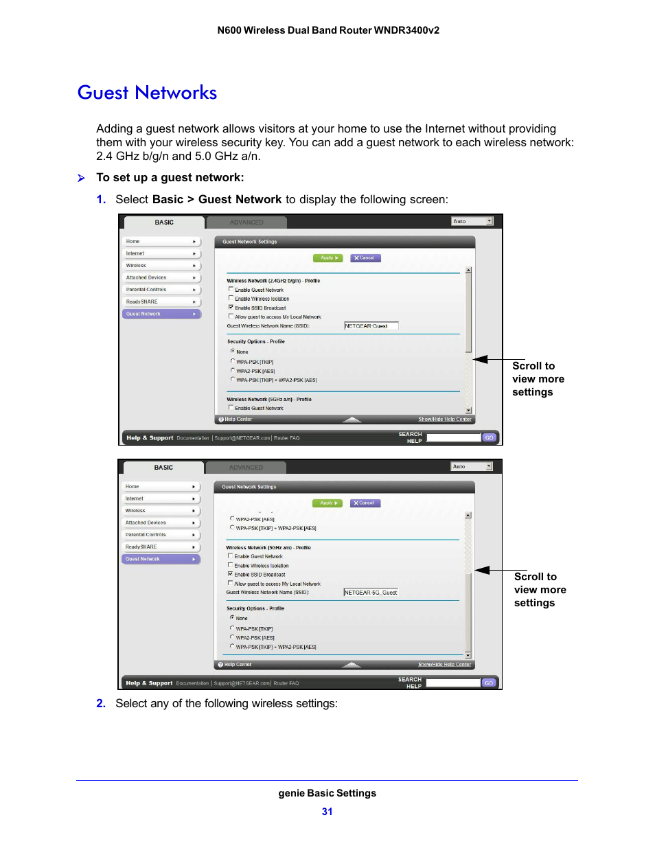 Guest networks | NETGEAR N600 Wireless Dual Band Router WNDR3400v2 User Manual | Page 31 / 120