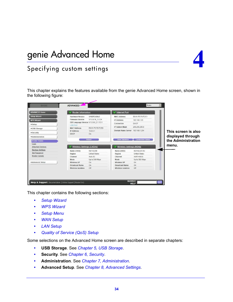 Genie advanced home, Chapter 4 genie advanced home | NETGEAR N600 Wireless Dual Band Router WNDR3400v2 User Manual | Page 34 / 120