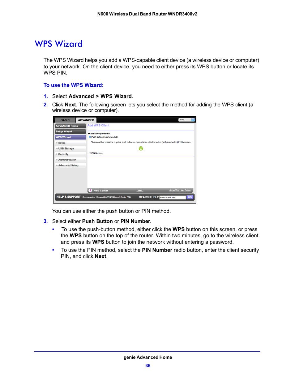 Wps wizard | NETGEAR N600 Wireless Dual Band Router WNDR3400v2 User Manual | Page 36 / 120