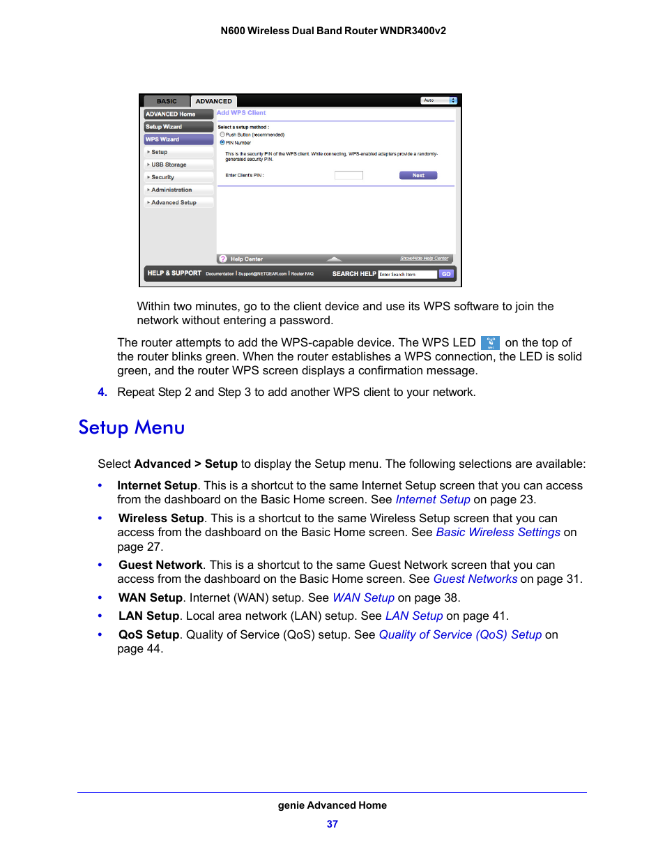 Setup menu | NETGEAR N600 Wireless Dual Band Router WNDR3400v2 User Manual | Page 37 / 120
