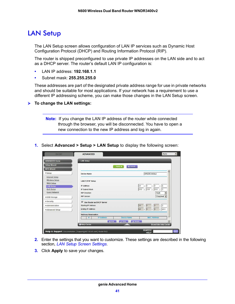 Lan setup | NETGEAR N600 Wireless Dual Band Router WNDR3400v2 User Manual | Page 41 / 120