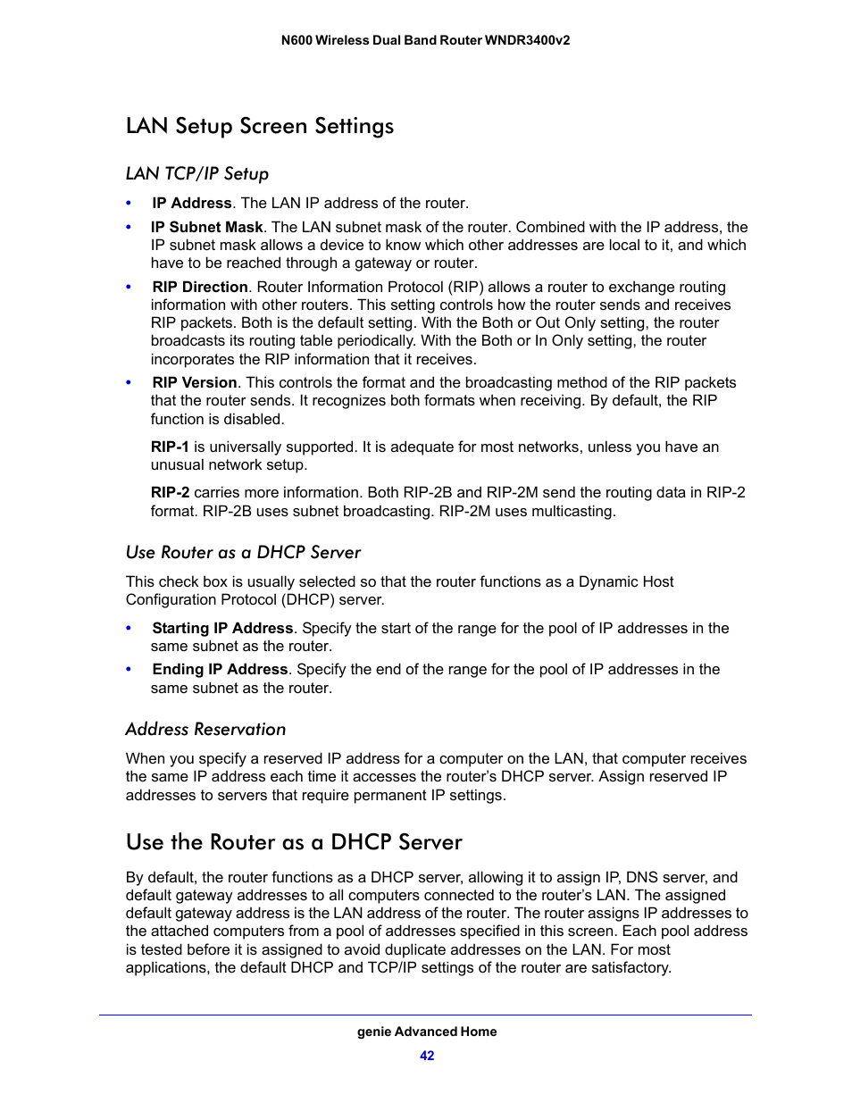 Use the router as a dhcp server, Lan setup screen settings | NETGEAR N600 Wireless Dual Band Router WNDR3400v2 User Manual | Page 42 / 120