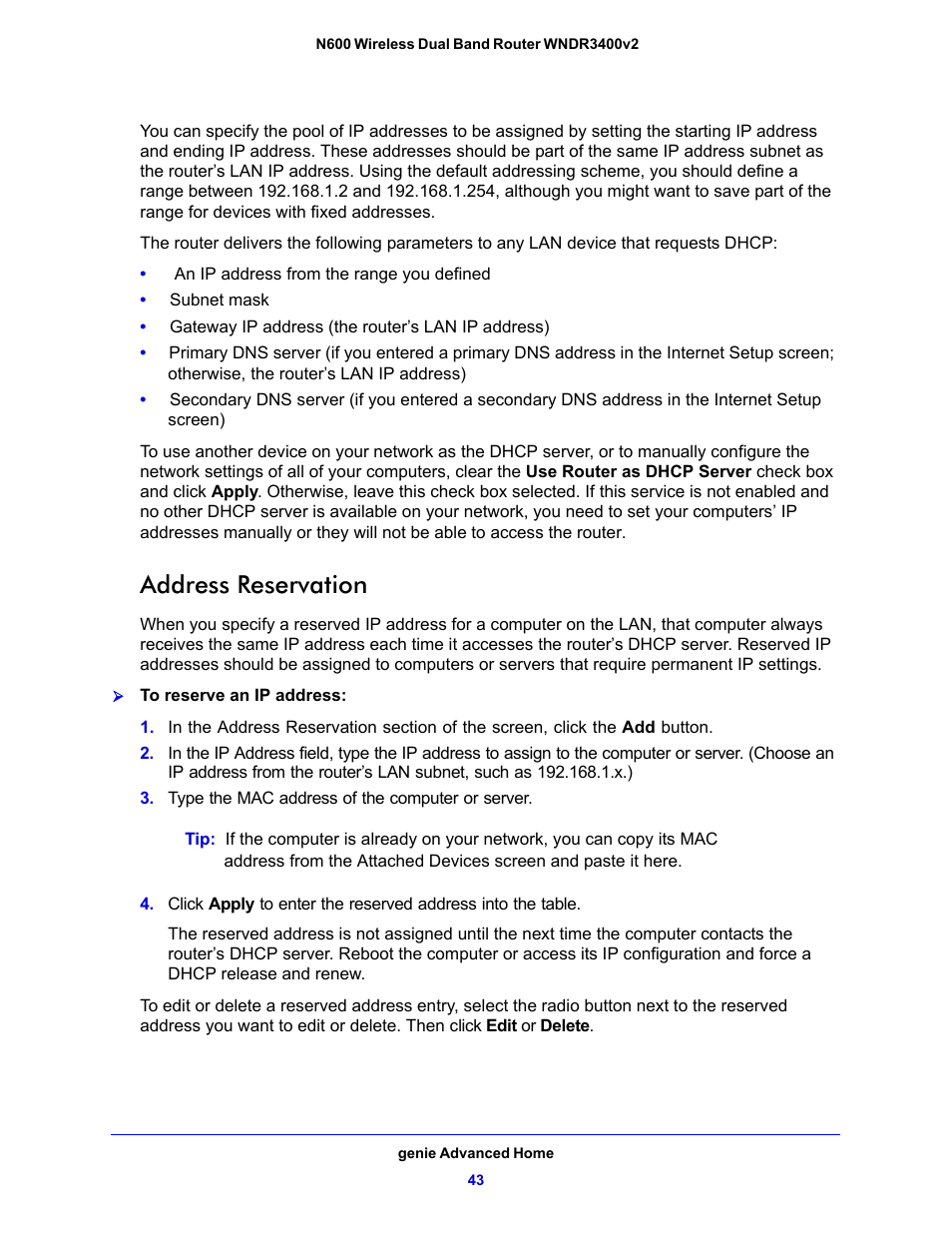 Address reservation | NETGEAR N600 Wireless Dual Band Router WNDR3400v2 User Manual | Page 43 / 120