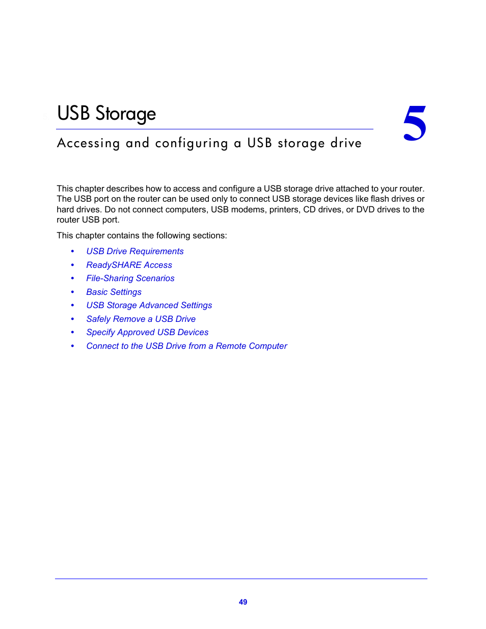 Usb storage, Chapter 5 usb storage, Chapter 5, usb storage | NETGEAR N600 Wireless Dual Band Router WNDR3400v2 User Manual | Page 49 / 120