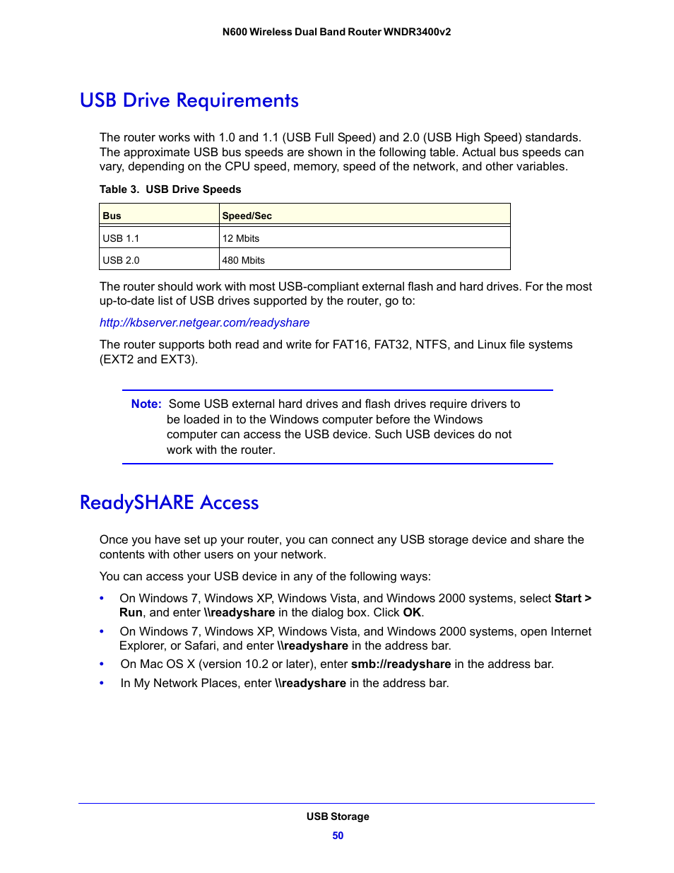 Readyshare access, Usb drive requirements readyshare access, Usb drive requirements | NETGEAR N600 Wireless Dual Band Router WNDR3400v2 User Manual | Page 50 / 120