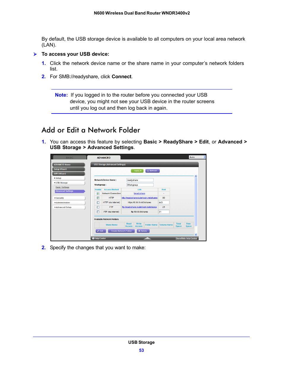 Add or edit a network folder | NETGEAR N600 Wireless Dual Band Router WNDR3400v2 User Manual | Page 53 / 120