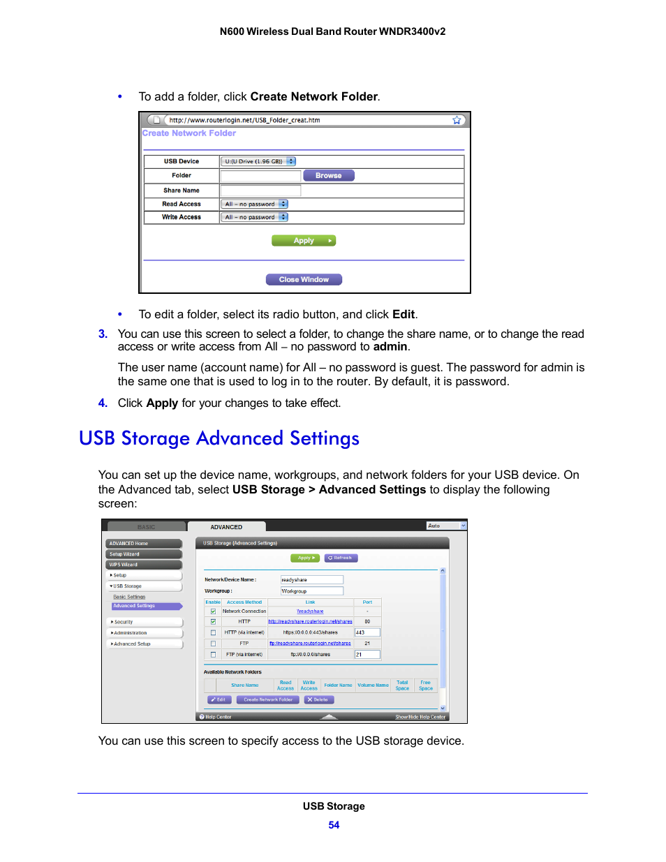 Usb storage advanced settings, He internet, see, Storage advanced settings | NETGEAR N600 Wireless Dual Band Router WNDR3400v2 User Manual | Page 54 / 120