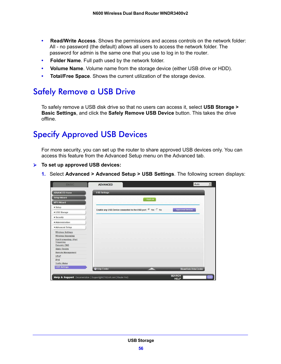 Safely remove a usb drive, Specify approved usb devices | NETGEAR N600 Wireless Dual Band Router WNDR3400v2 User Manual | Page 56 / 120