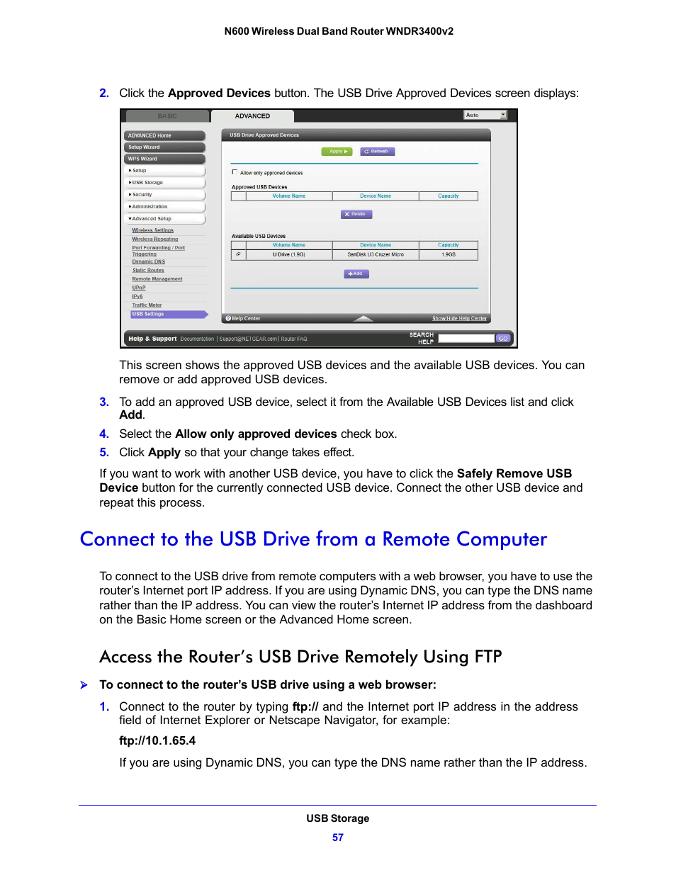 Connect to the usb drive from a remote computer, Access the router’s usb drive remotely using ftp | NETGEAR N600 Wireless Dual Band Router WNDR3400v2 User Manual | Page 57 / 120