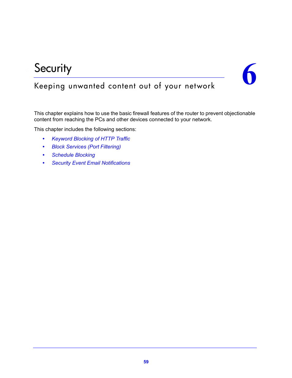 Security, Chapter 6 security, Chapter 6, security | NETGEAR N600 Wireless Dual Band Router WNDR3400v2 User Manual | Page 59 / 120