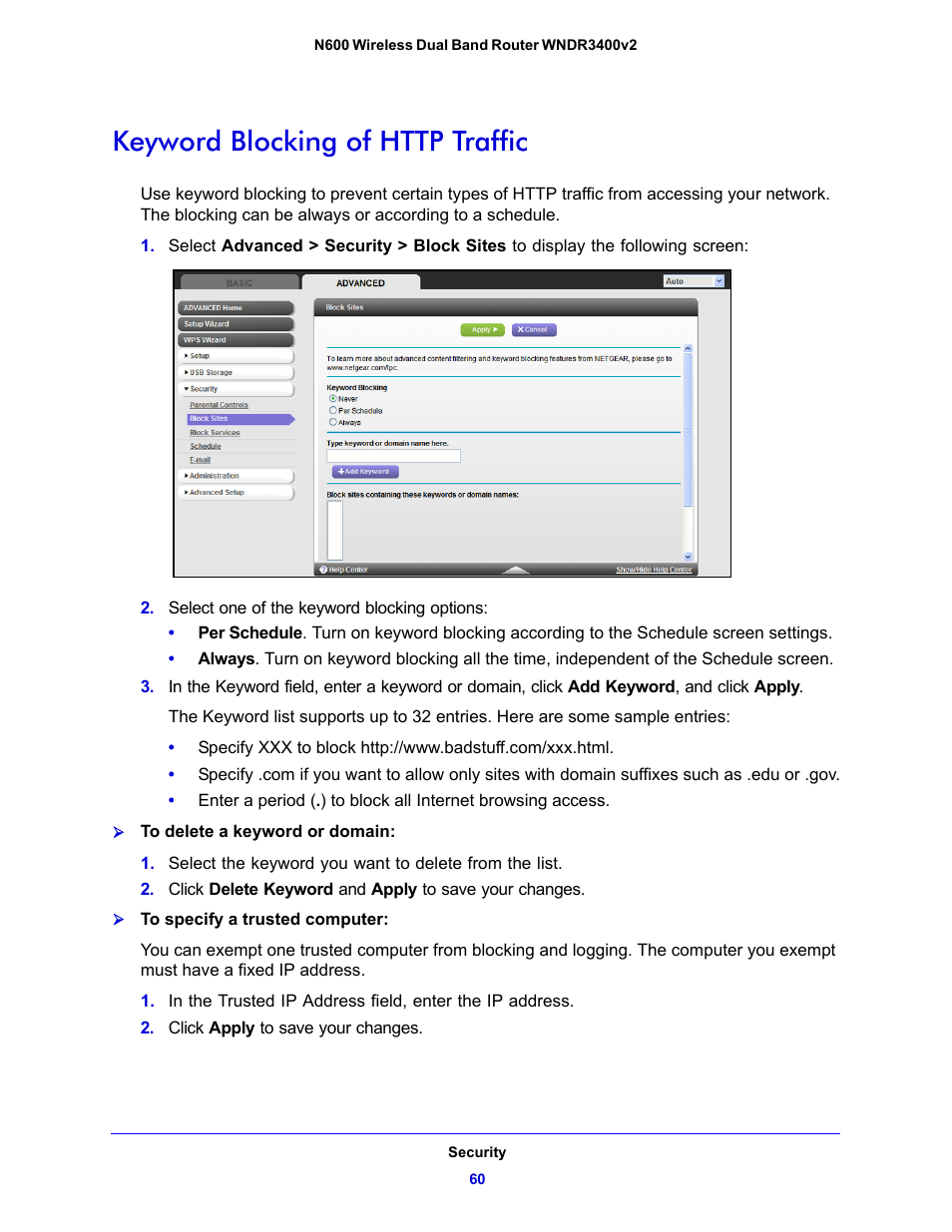 Keyword blocking of http traffic | NETGEAR N600 Wireless Dual Band Router WNDR3400v2 User Manual | Page 60 / 120