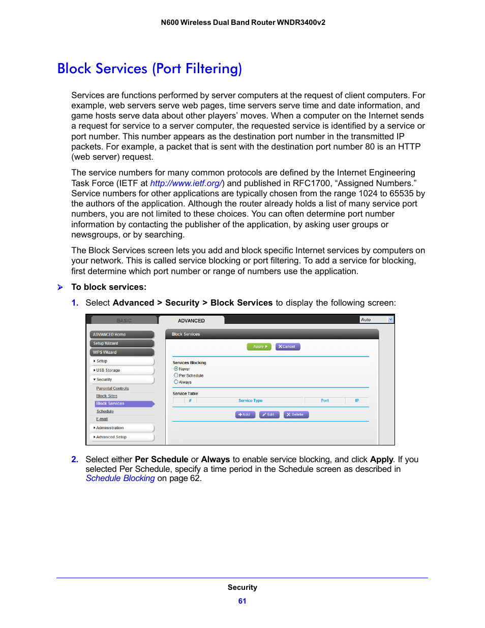 Block services (port filtering) | NETGEAR N600 Wireless Dual Band Router WNDR3400v2 User Manual | Page 61 / 120