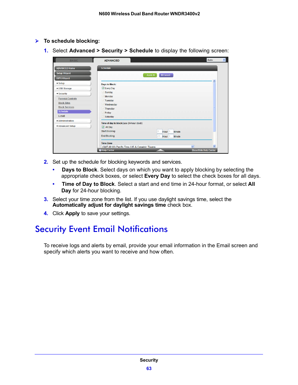 Security event email notifications | NETGEAR N600 Wireless Dual Band Router WNDR3400v2 User Manual | Page 63 / 120