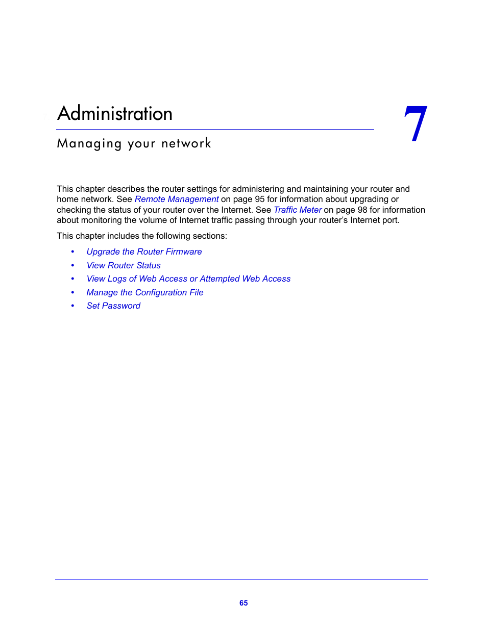 Administration, Chapter 7 administration, Chapter 7, administration | NETGEAR N600 Wireless Dual Band Router WNDR3400v2 User Manual | Page 65 / 120