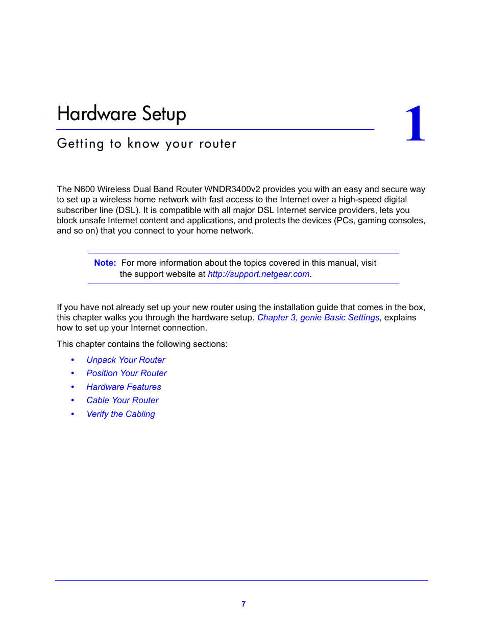 Hardware setup, Chapter 1 hardware setup | NETGEAR N600 Wireless Dual Band Router WNDR3400v2 User Manual | Page 7 / 120