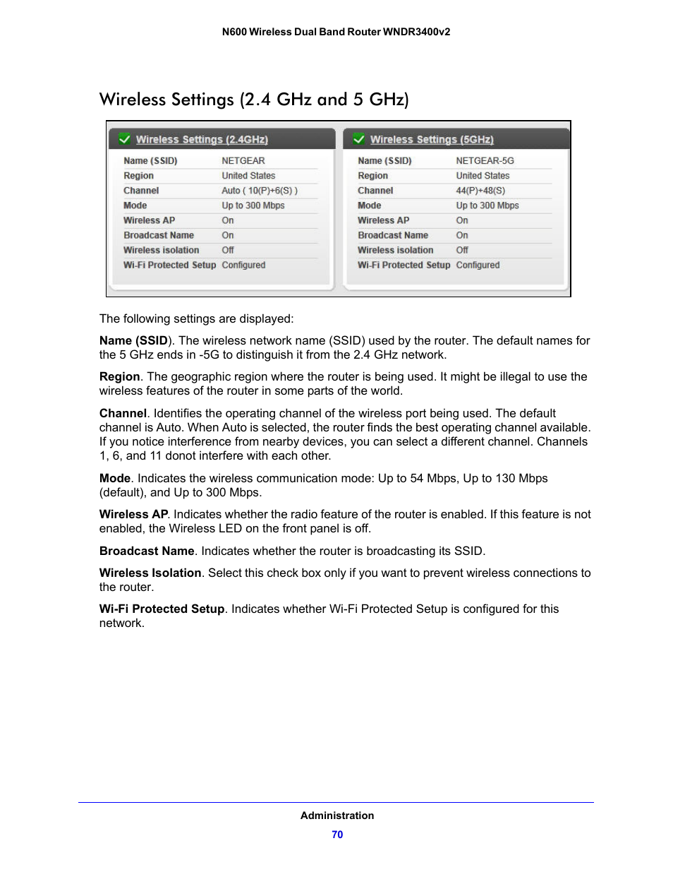 Wireless settings (2.4 ghz and 5 ghz) | NETGEAR N600 Wireless Dual Band Router WNDR3400v2 User Manual | Page 70 / 120