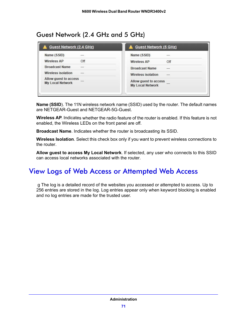 Guest network (2.4 ghz and 5 ghz), View logs of web access or attempted web access | NETGEAR N600 Wireless Dual Band Router WNDR3400v2 User Manual | Page 71 / 120