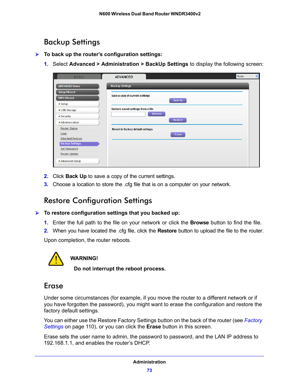 Backup settings, Restore configuration settings, Erase | NETGEAR N600 Wireless Dual Band Router WNDR3400v2 User Manual | Page 73 / 120