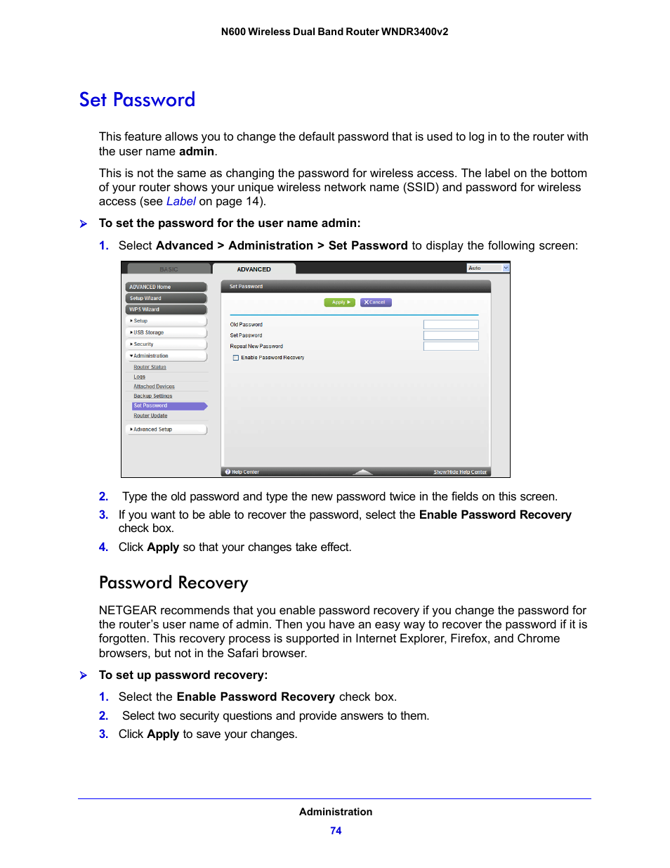 Set password, Password recovery | NETGEAR N600 Wireless Dual Band Router WNDR3400v2 User Manual | Page 74 / 120