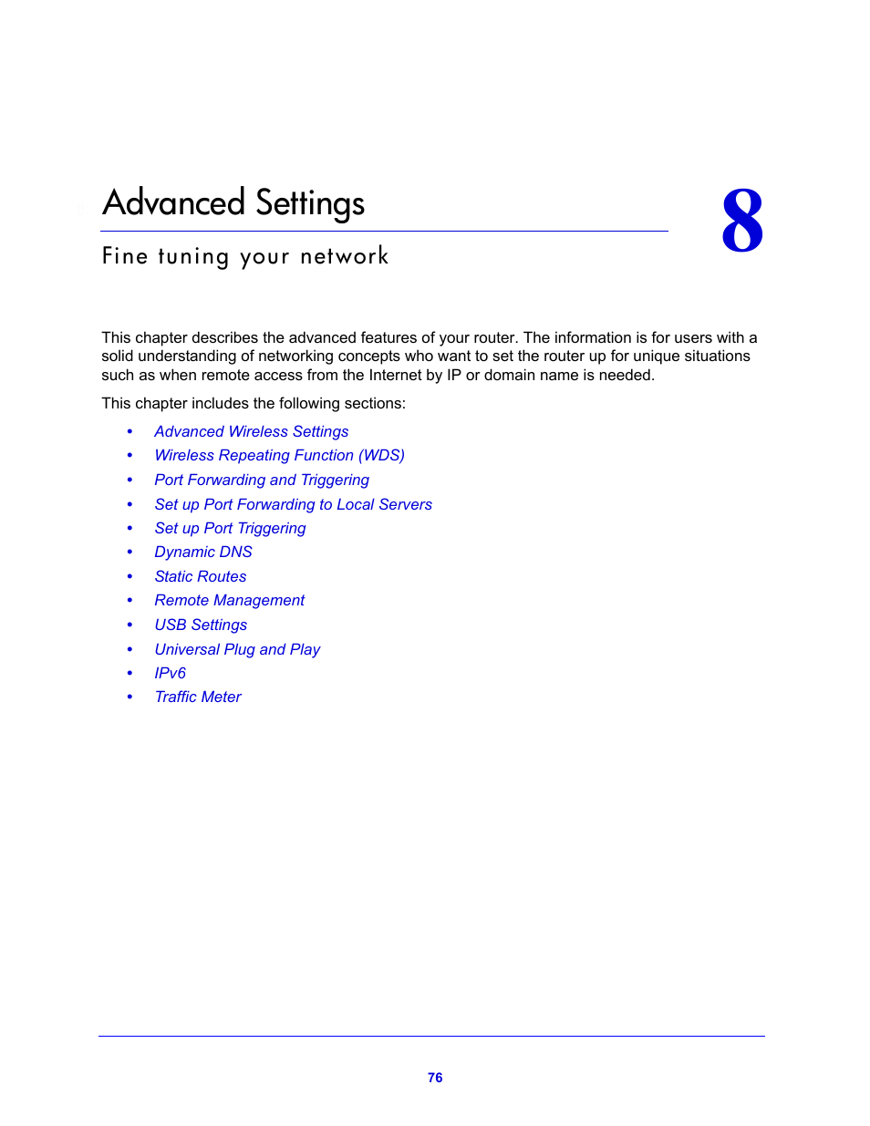 Advanced settings, Chapter 8 advanced settings, Chapter 8, advanced settings | NETGEAR N600 Wireless Dual Band Router WNDR3400v2 User Manual | Page 76 / 120