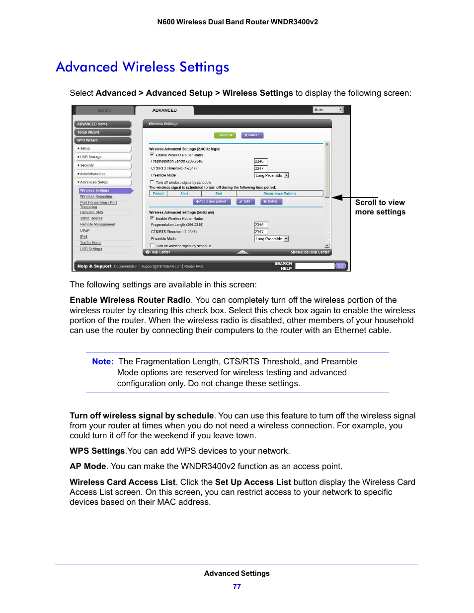 Advanced wireless settings | NETGEAR N600 Wireless Dual Band Router WNDR3400v2 User Manual | Page 77 / 120