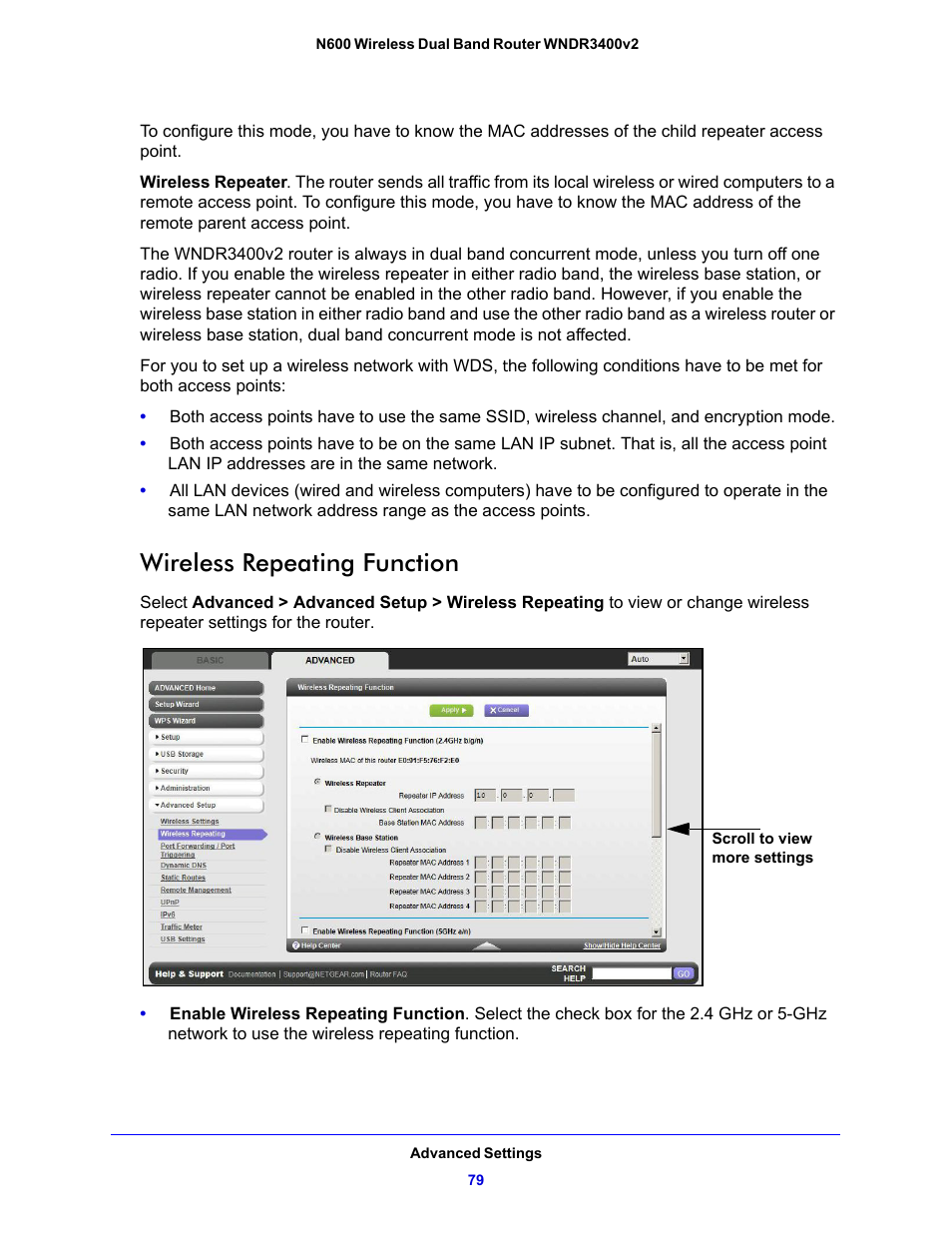 Wireless repeating function | NETGEAR N600 Wireless Dual Band Router WNDR3400v2 User Manual | Page 79 / 120