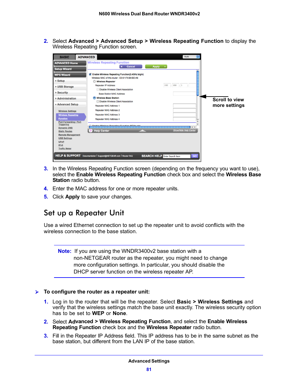 Set up a repeater unit | NETGEAR N600 Wireless Dual Band Router WNDR3400v2 User Manual | Page 81 / 120