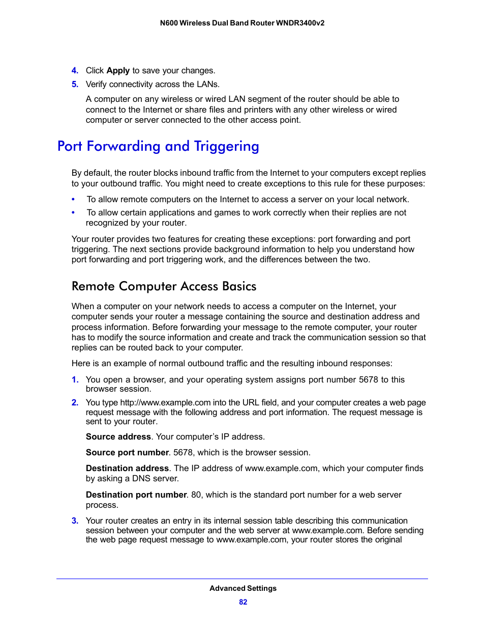 Port forwarding and triggering, Remote computer access basics | NETGEAR N600 Wireless Dual Band Router WNDR3400v2 User Manual | Page 82 / 120