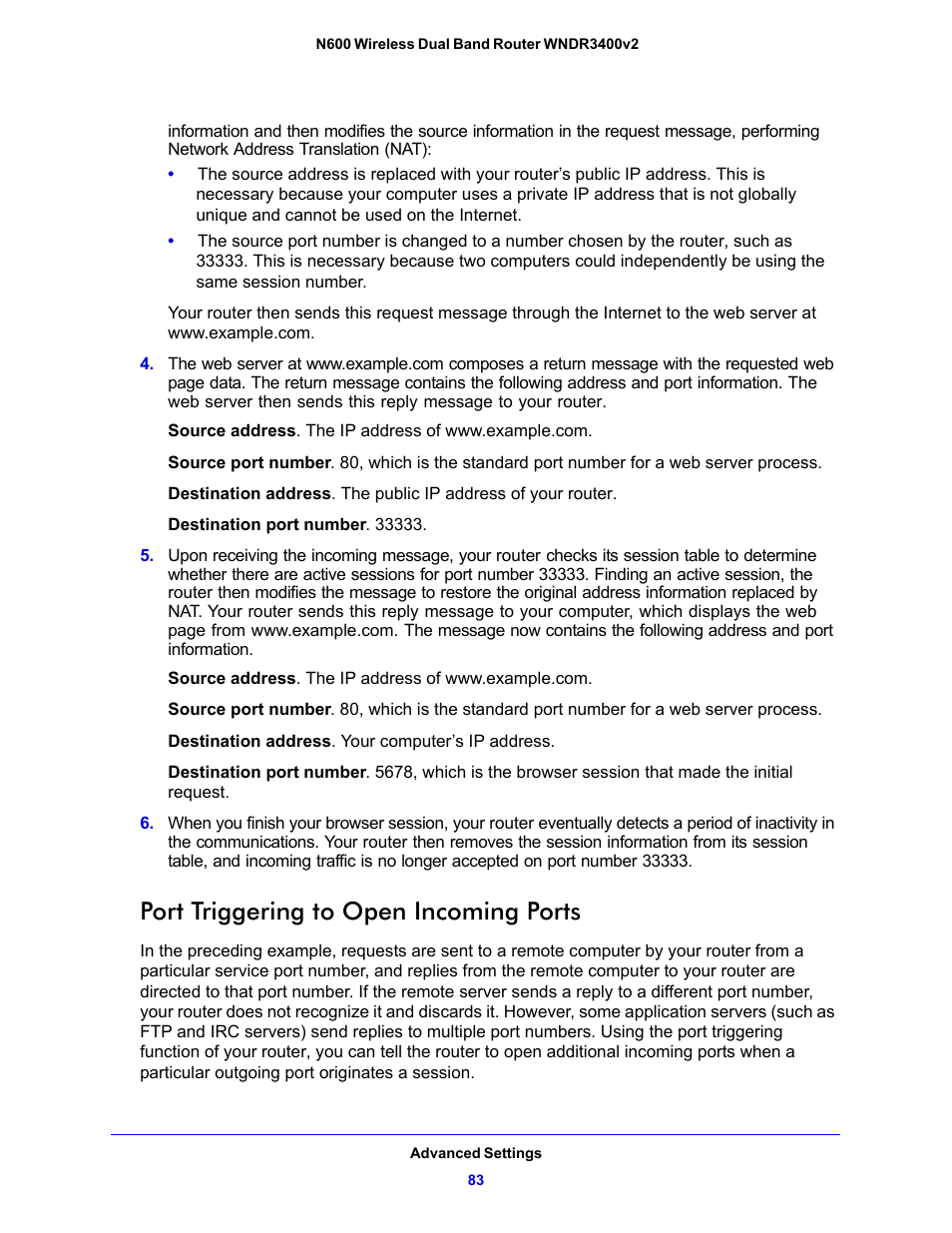 Port triggering to open incoming ports | NETGEAR N600 Wireless Dual Band Router WNDR3400v2 User Manual | Page 83 / 120