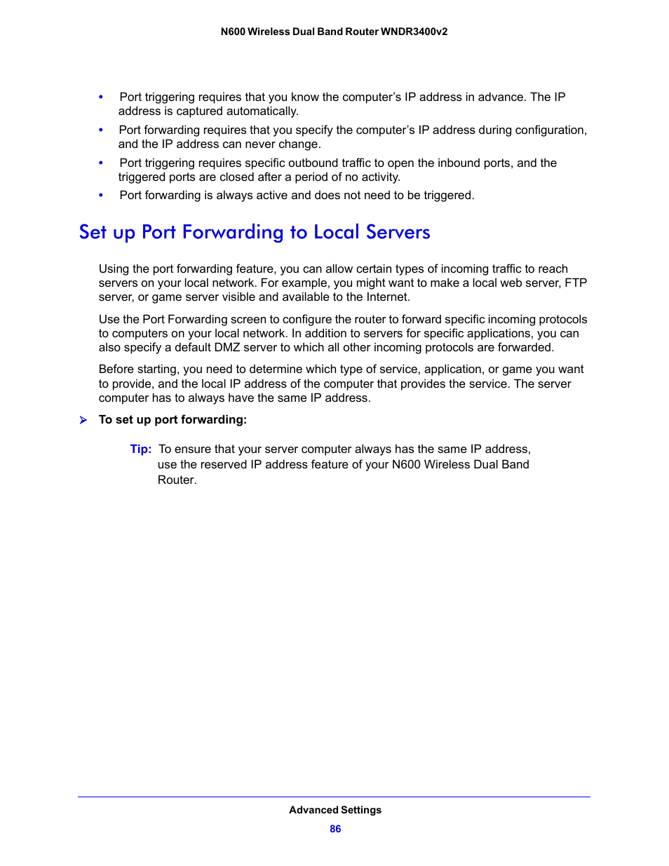 Set up port forwarding to local servers | NETGEAR N600 Wireless Dual Band Router WNDR3400v2 User Manual | Page 86 / 120