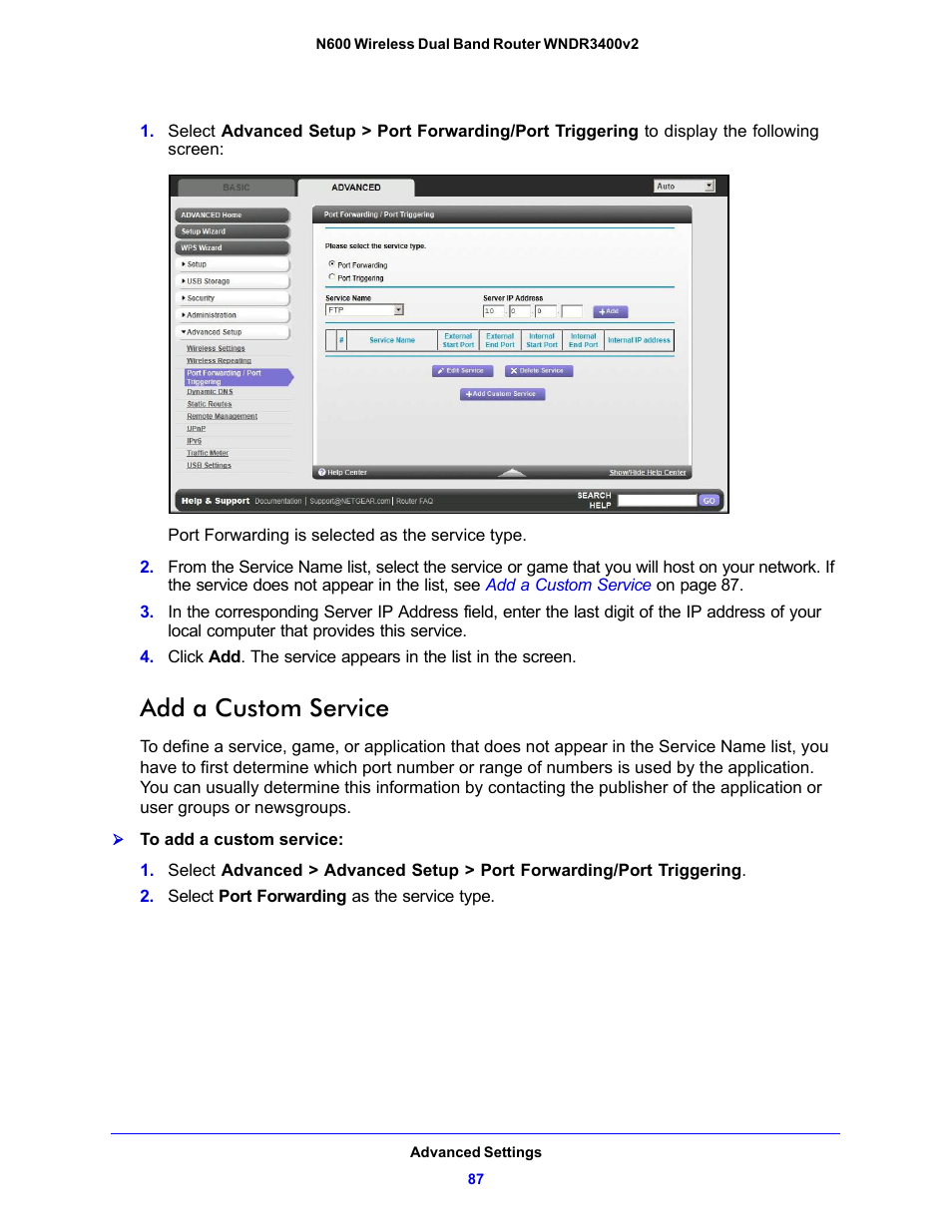 Add a custom service | NETGEAR N600 Wireless Dual Band Router WNDR3400v2 User Manual | Page 87 / 120