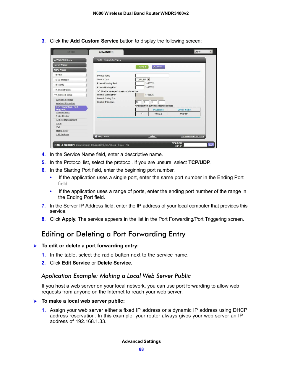 Editing or deleting a port forwarding entry | NETGEAR N600 Wireless Dual Band Router WNDR3400v2 User Manual | Page 88 / 120