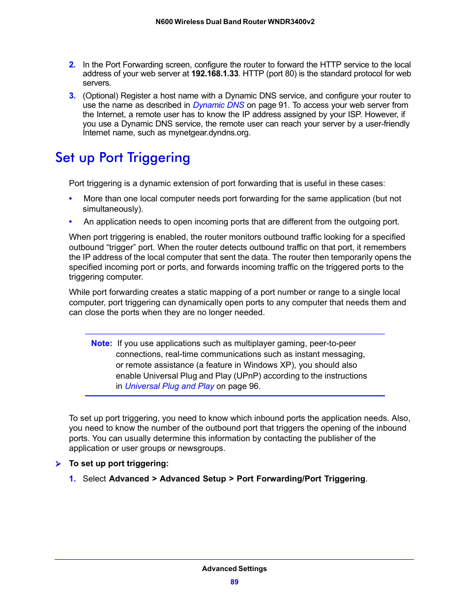 Set up port triggering | NETGEAR N600 Wireless Dual Band Router WNDR3400v2 User Manual | Page 89 / 120