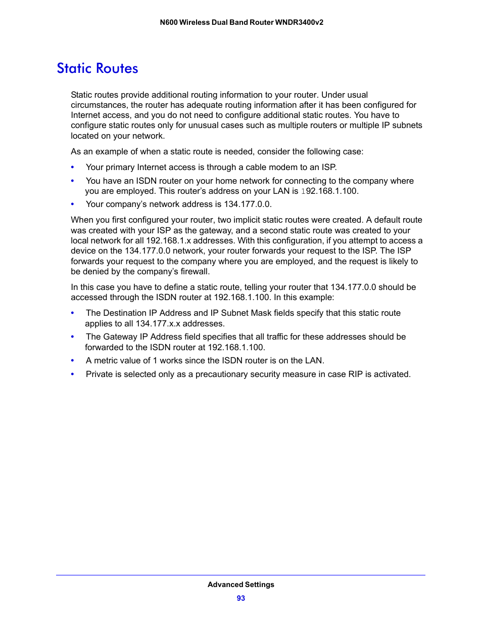 Static routes | NETGEAR N600 Wireless Dual Band Router WNDR3400v2 User Manual | Page 93 / 120