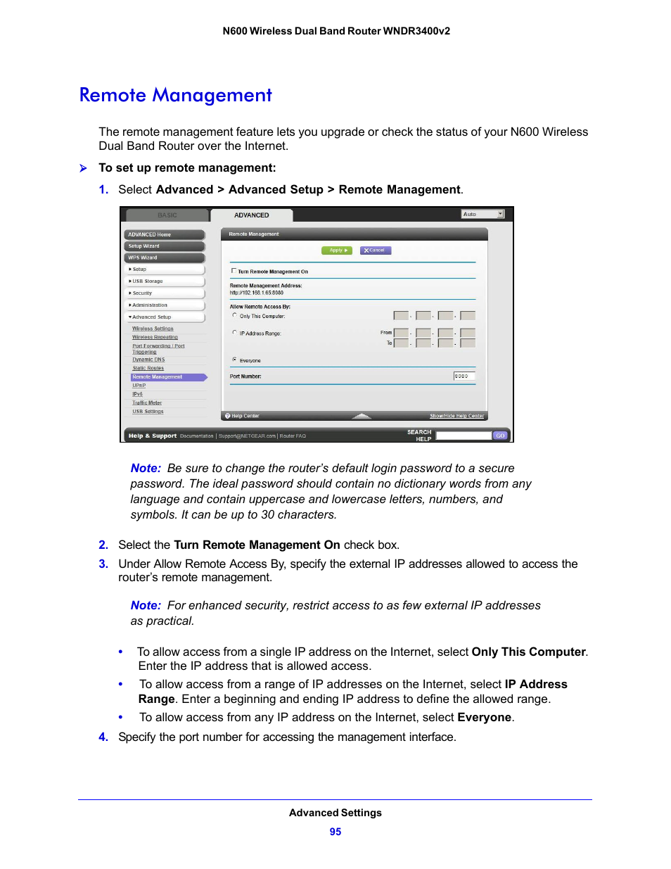 Remote management | NETGEAR N600 Wireless Dual Band Router WNDR3400v2 User Manual | Page 95 / 120