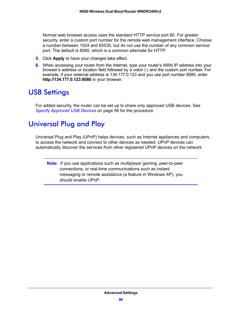 Usb settings, Universal plug and play, Usb settings universal plug and play | NETGEAR N600 Wireless Dual Band Router WNDR3400v2 User Manual | Page 96 / 120