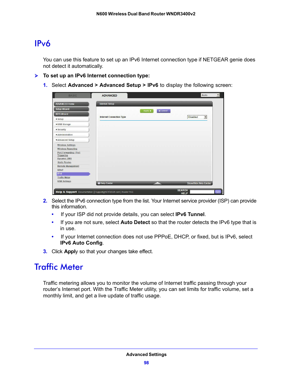 Ipv6, Traffic meter, Ipv6 traffic meter | NETGEAR N600 Wireless Dual Band Router WNDR3400v2 User Manual | Page 98 / 120