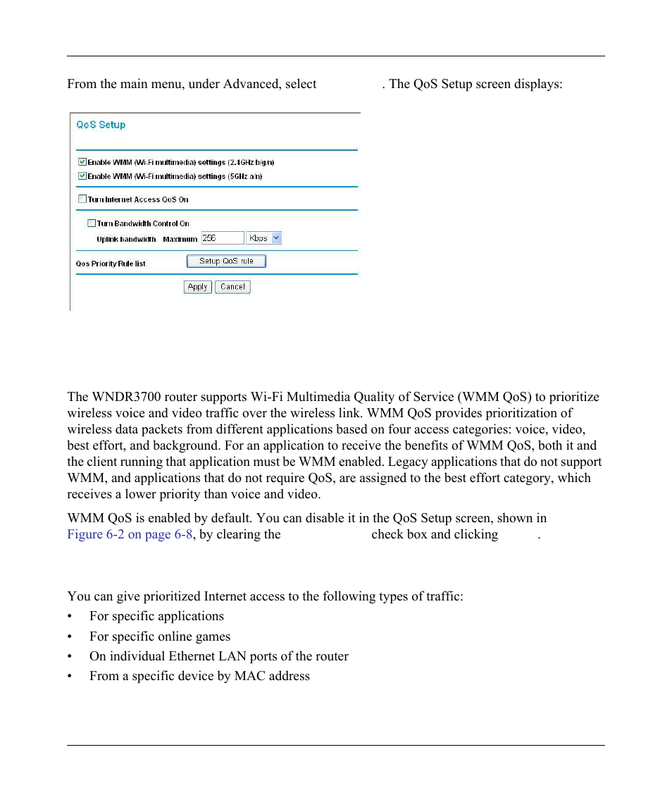 Using wmm qos for wireless multimedia applications, Configuring qos for internet access, Configuring qos for internet access -8 | NETGEAR wndr3700 User Manual | Page 106 / 149