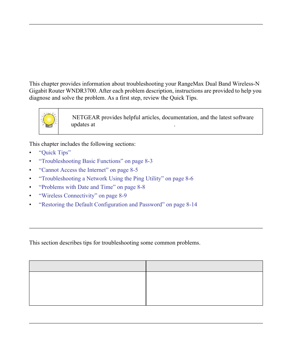 Chapter 8 troubleshooting, Quick tips, Quick tips -1 | Chapter 8, “troubleshooting | NETGEAR wndr3700 User Manual | Page 126 / 149