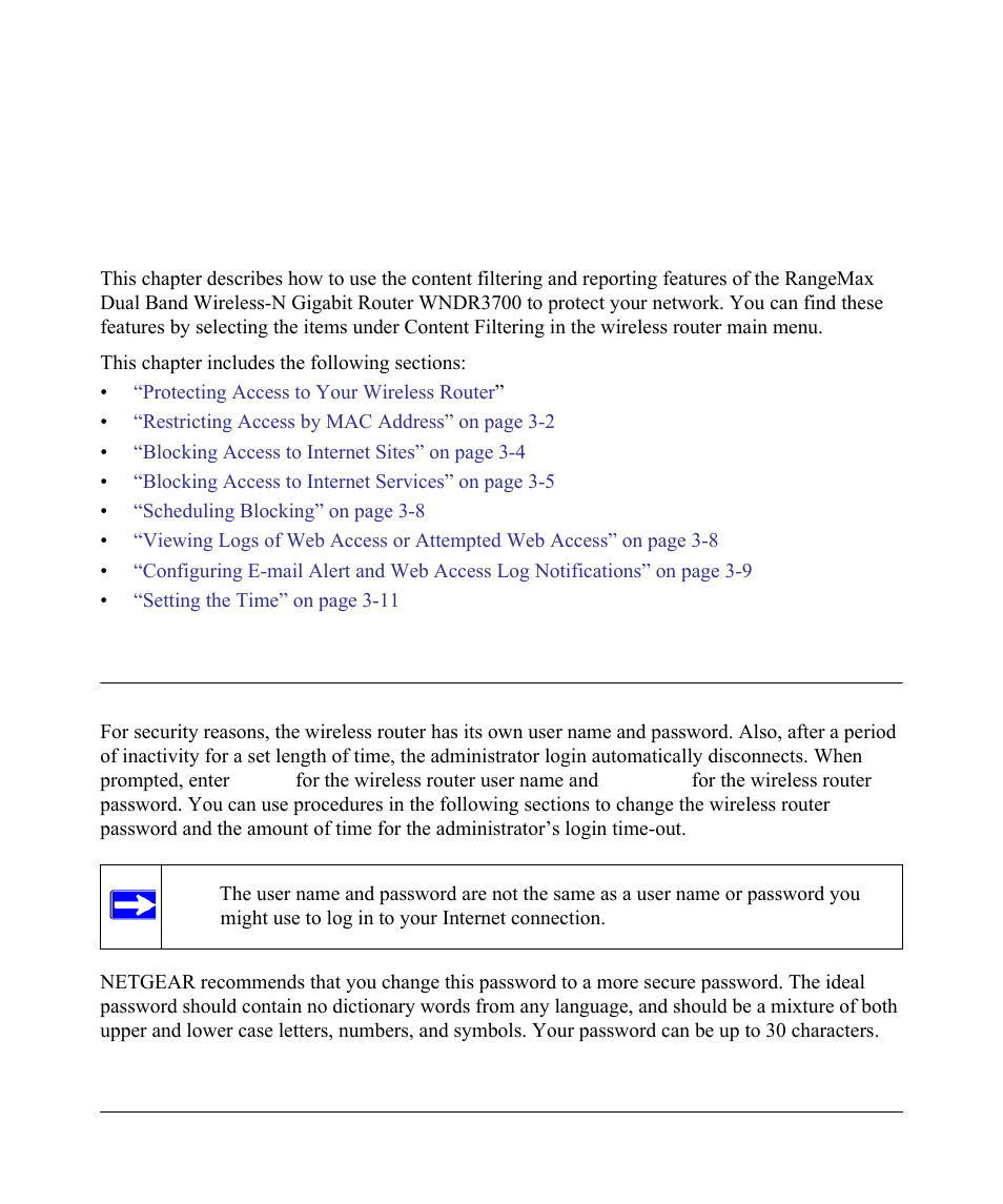 Chapter 3 protecting your network, Protecting access to your wireless router, Protecting access to your wireless router -1 | NETGEAR wndr3700 User Manual | Page 46 / 149
