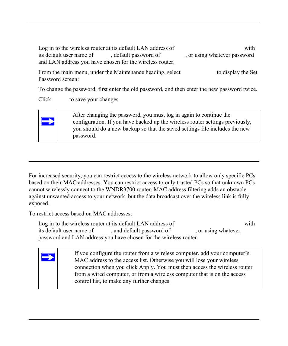 Changing the built-in password, Restricting access by mac address, Changing the built-in password -2 | Restricting access by mac address -2, Changing the built-in password” on, Access. see | NETGEAR wndr3700 User Manual | Page 47 / 149
