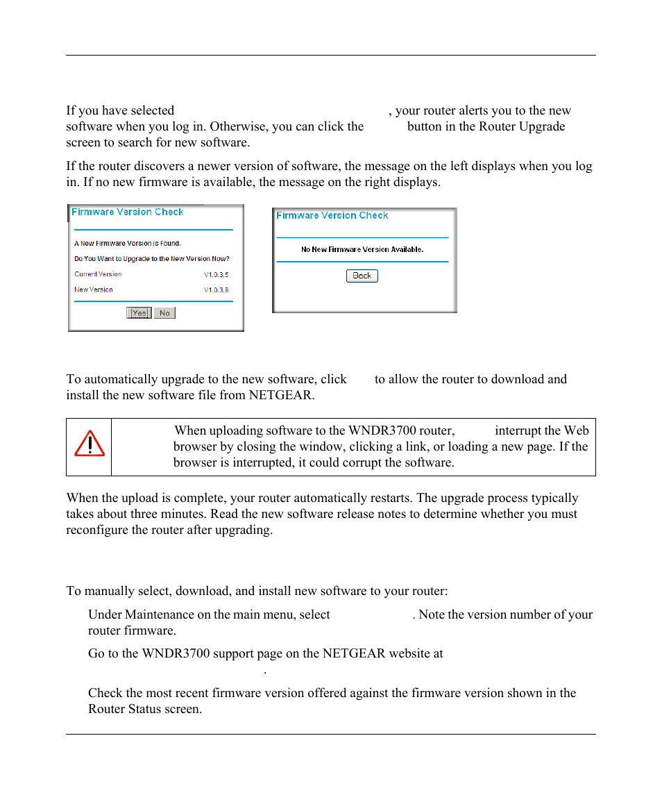 Upgrading automatically to new router software, Upgrading manually to new router software, Upgrading automatically to new router software -3 | Upgrading manually to new router software -3 | NETGEAR wndr3700 User Manual | Page 59 / 149