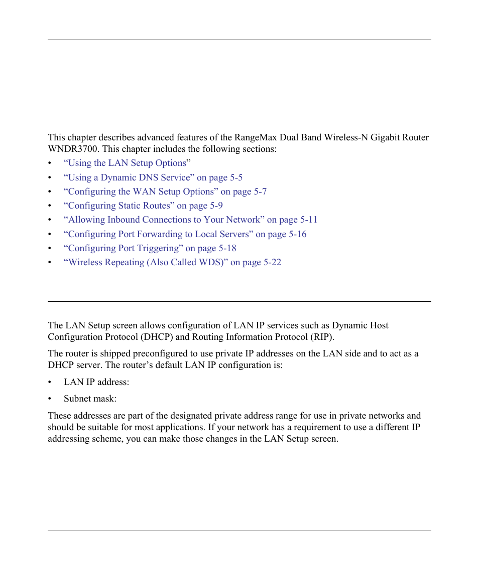 Chapter 5 customizing your network settings, Using the lan setup options, Using the lan setup options -1 | NETGEAR wndr3700 User Manual | Page 73 / 149